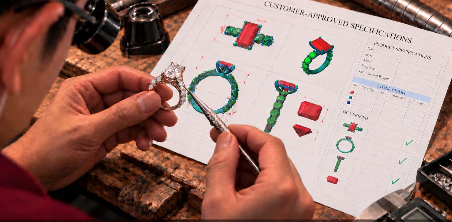 Craftsman checking a finished ring against the customer-approved specifications